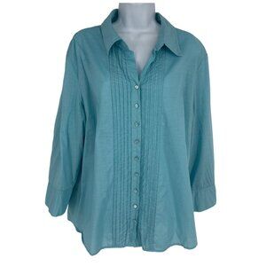 Talbots Womens Aqua Button-Down Pintuck Front Long Sleeve Shirt Size XL